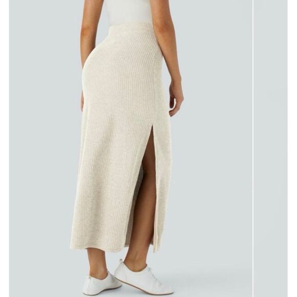 Halara Ribbed High Waisted A-Line Maxi Skirt Whisper White Beige Small NWOT - Picture 2 of 8